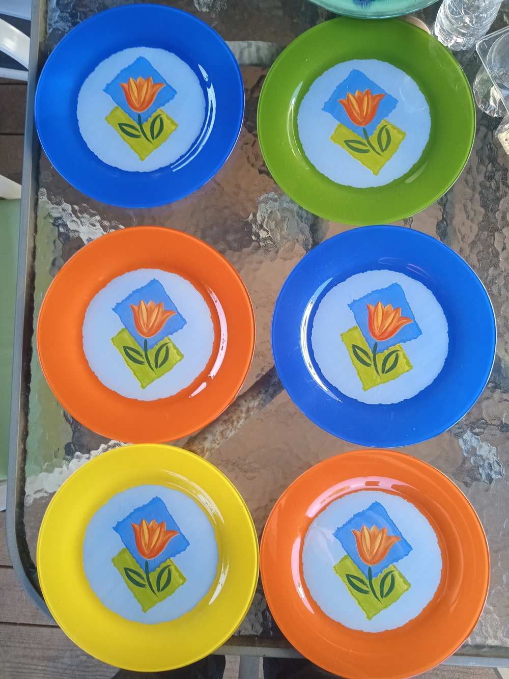 Set of 6 Colorful Floral Glass Matys France Dinner Plates